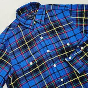 Polo Ralph Lauren Flannel Shirt Mens Medium Blue Plaid Classic Fit Cotton Tartan